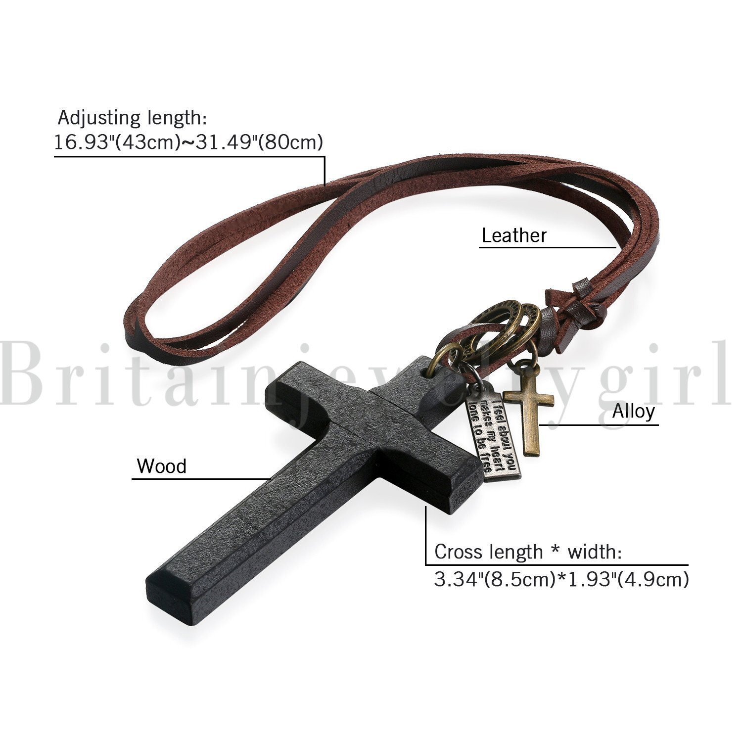 Flongo Vintage Wooden Cross Pendant Leather Rope Necklace Adjustable Men Women