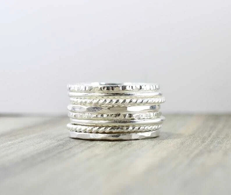925 Sterling Silver, Solid Silver, Band Ring, Unisex, Set of 8 Stacking Rings