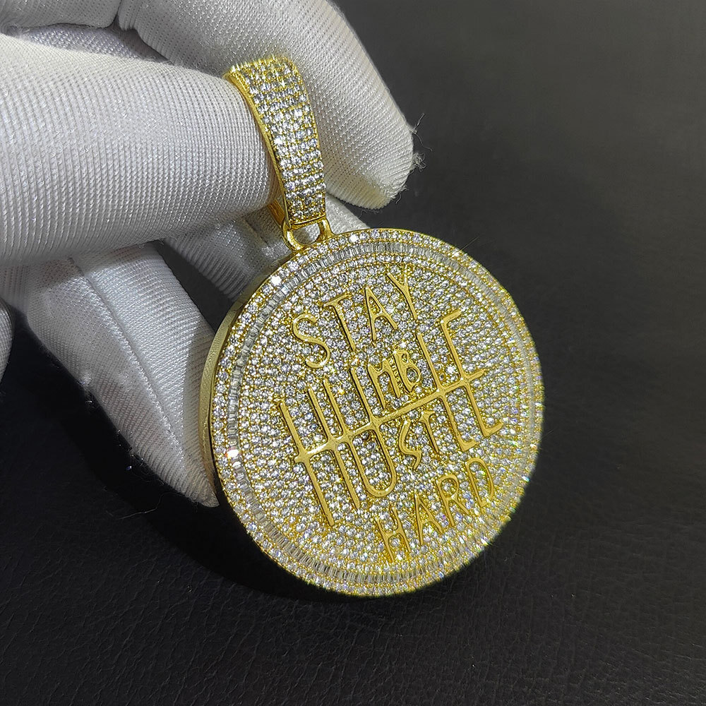 Hip Hop Big Round Letter Pendant Necklace Bling Full Zircon Real Gold Plated