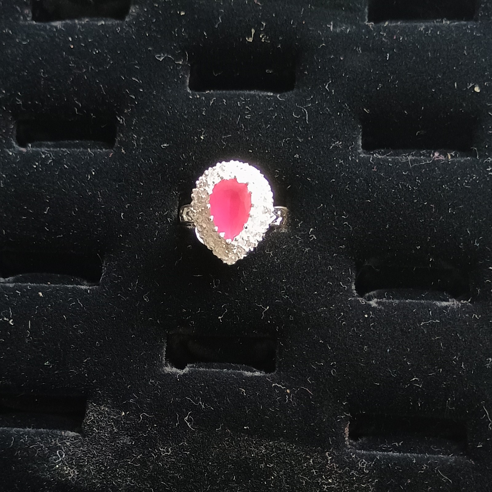 Gold-Tone Pear Red Stone Halo Cocktail Ring, Size 9, Gold-Tone Setting. .925sil.