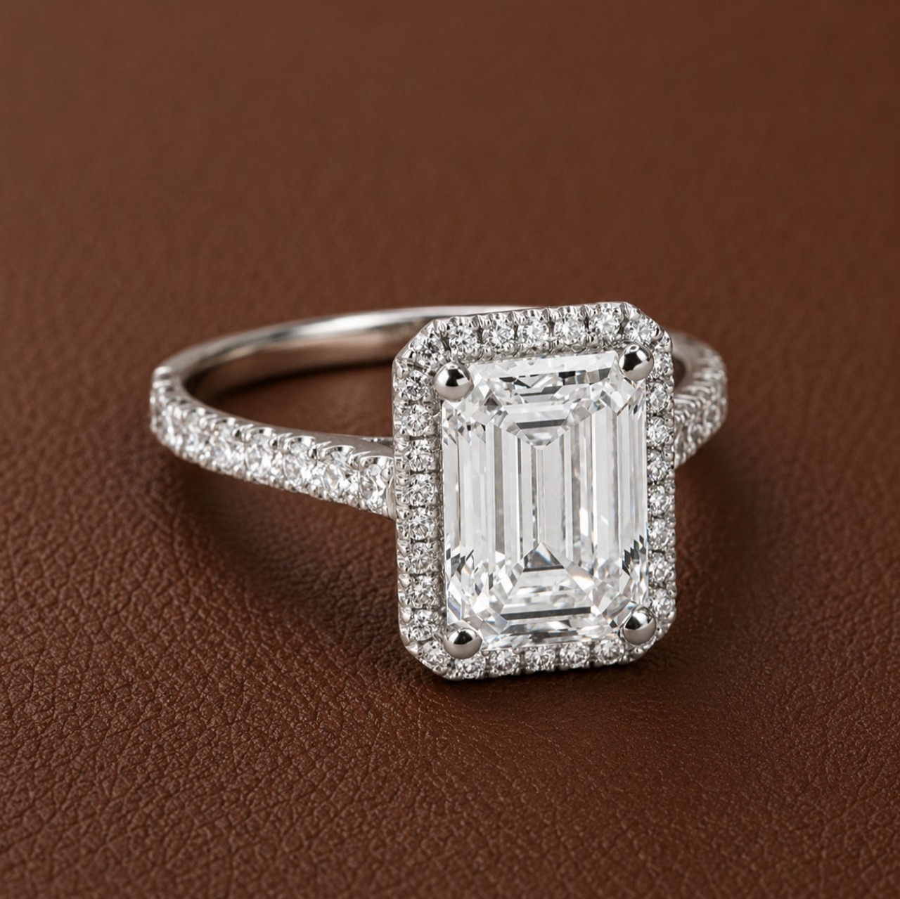 2.00 Ct Emerald Cut Halo Engagement Ring with Pavé Band Statement Jewelry