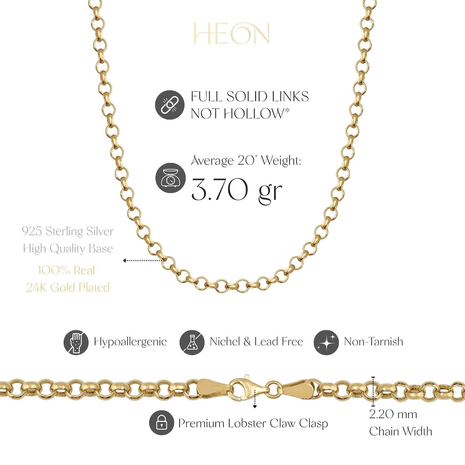 HEON 24K Gold Plated 925 Sterling Silver Rolo Chain Necklace