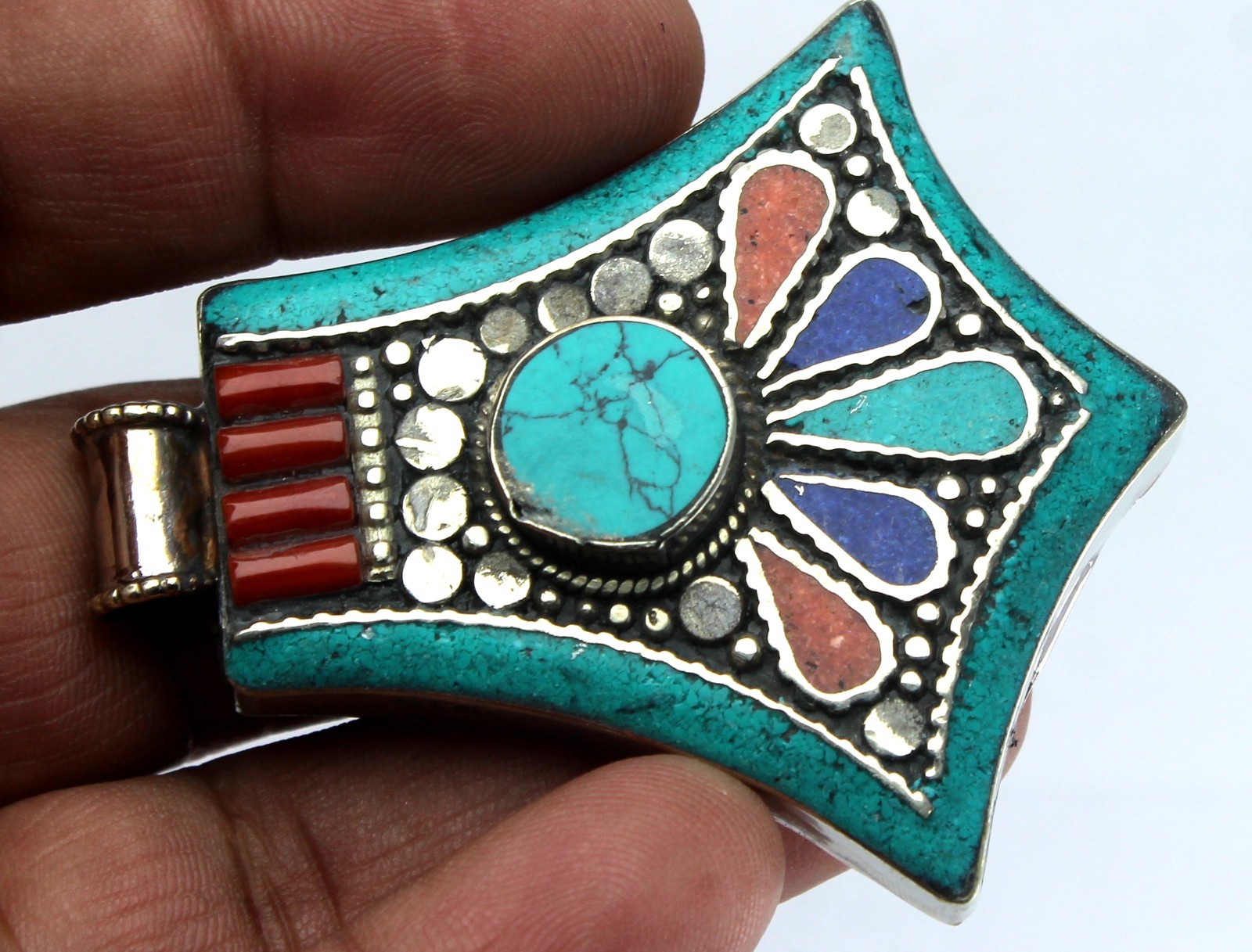 Large Turquoise Coral Blue Statement Fancy Pendant Boho Southwestern Silver Tone