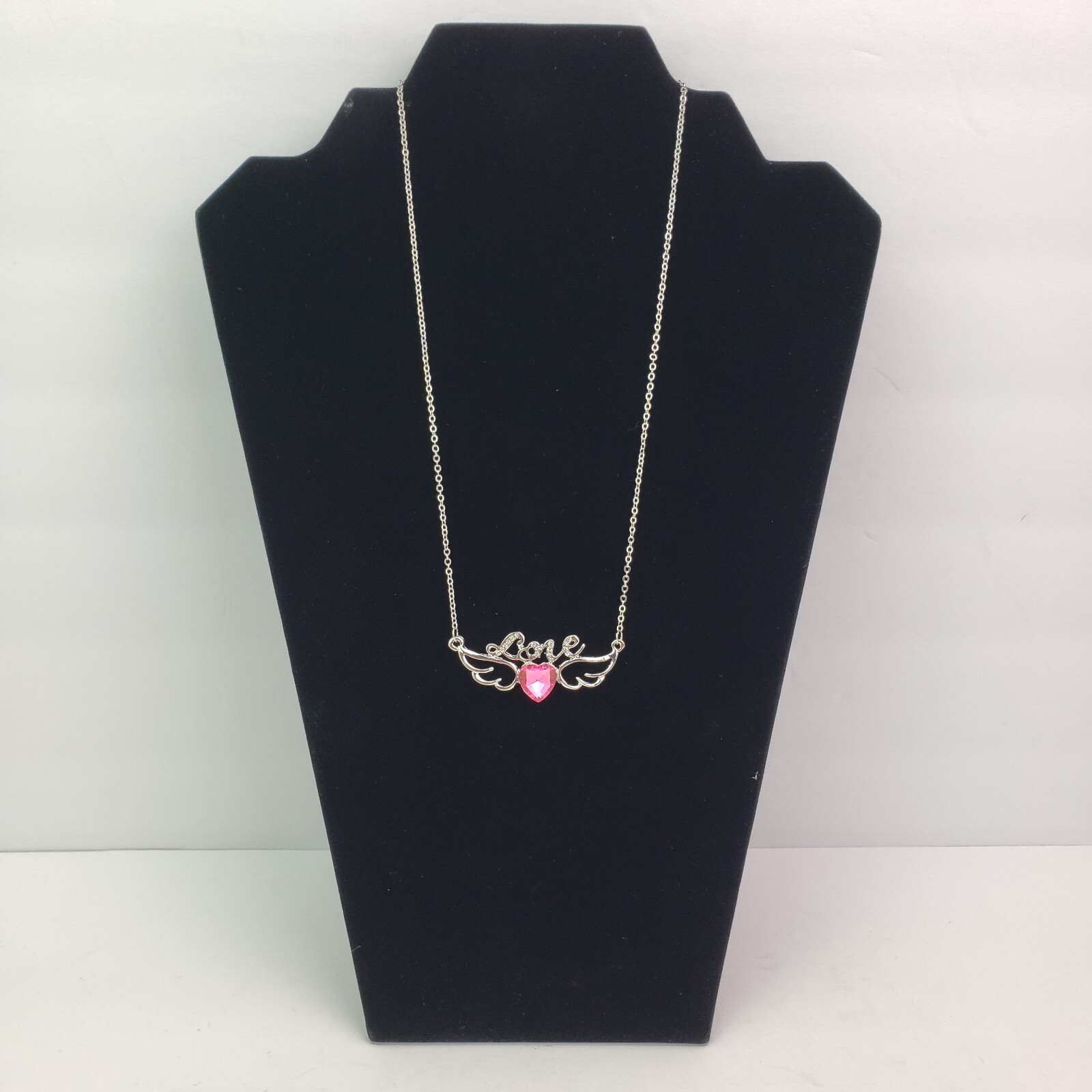 Unbranded Fashion Heart Wings Love Silver Pink Rhinestone Pendant Necklace