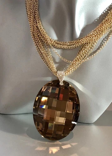 14K Gold Plated Chain Brown Big Oval Pendant Sweater Necklace Toggle Clasp