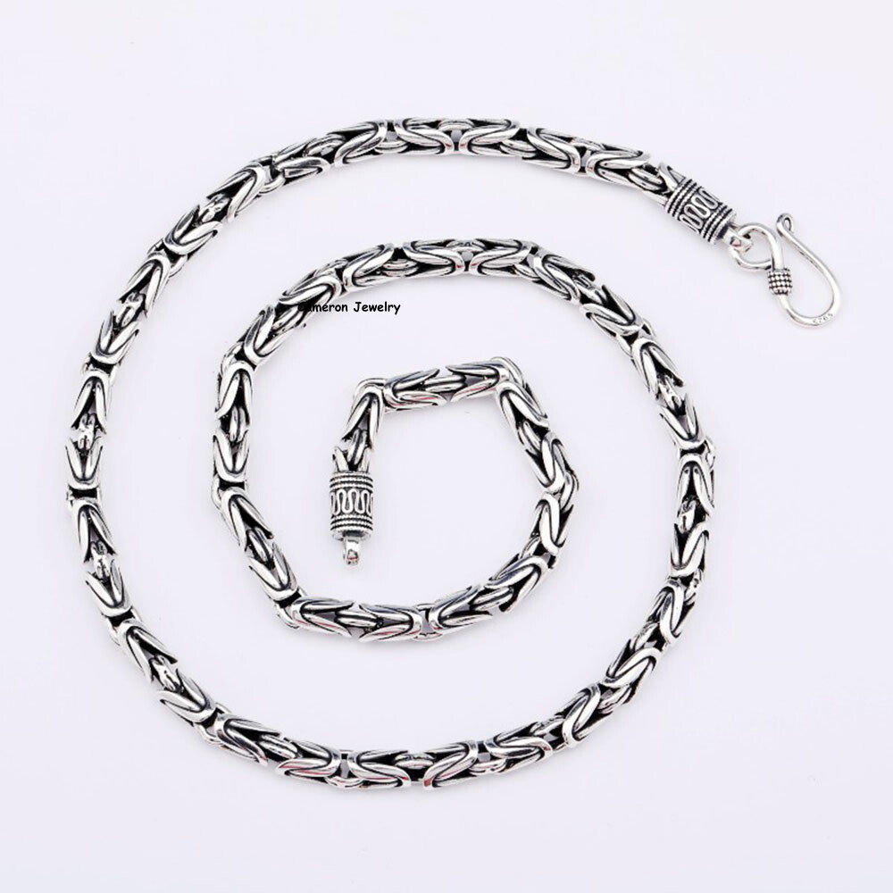 Pure S925 Sterling Silver Chain Men Women 4-7mm Byzantine Link Necklace 18-30in
