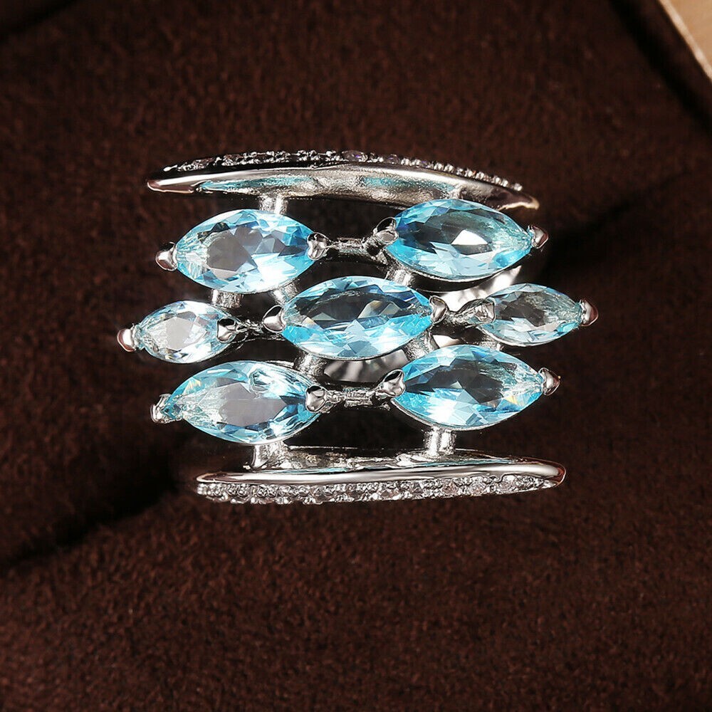 925 Silver Plated Christmas Gifts Ring 3.15Ct Simulated Aquamarine Sweeping Ring