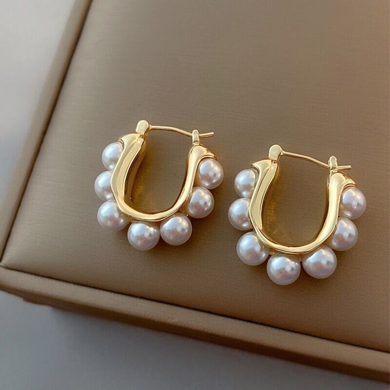 Fashion Woman 14K Gold Plated Pearl Earring Clip Hoop Huggie Ear Drop Dangle