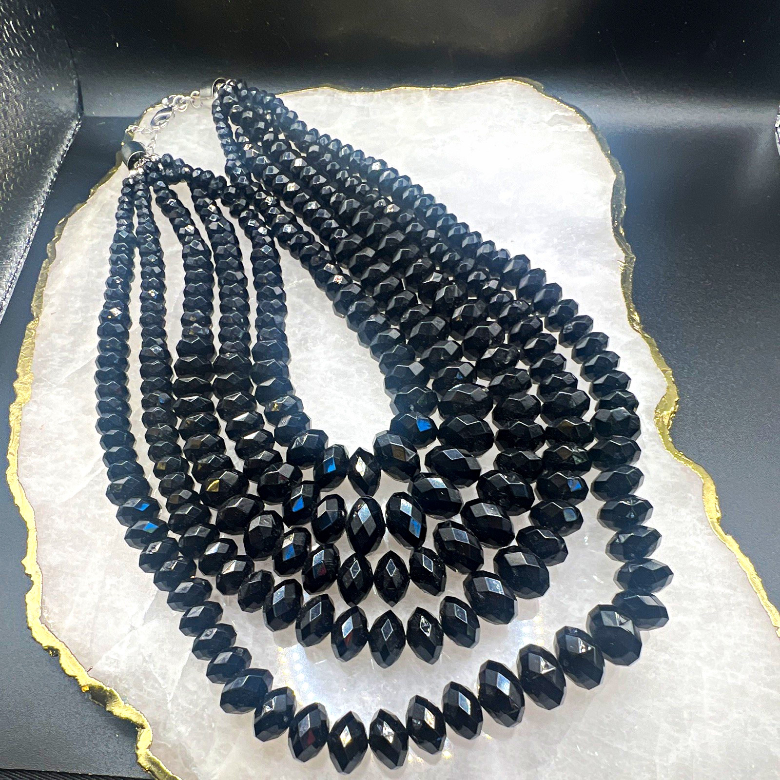 Black Faceted Beaded Multi-Strand (5) Necklace, Lobster Clasp, Adjustable