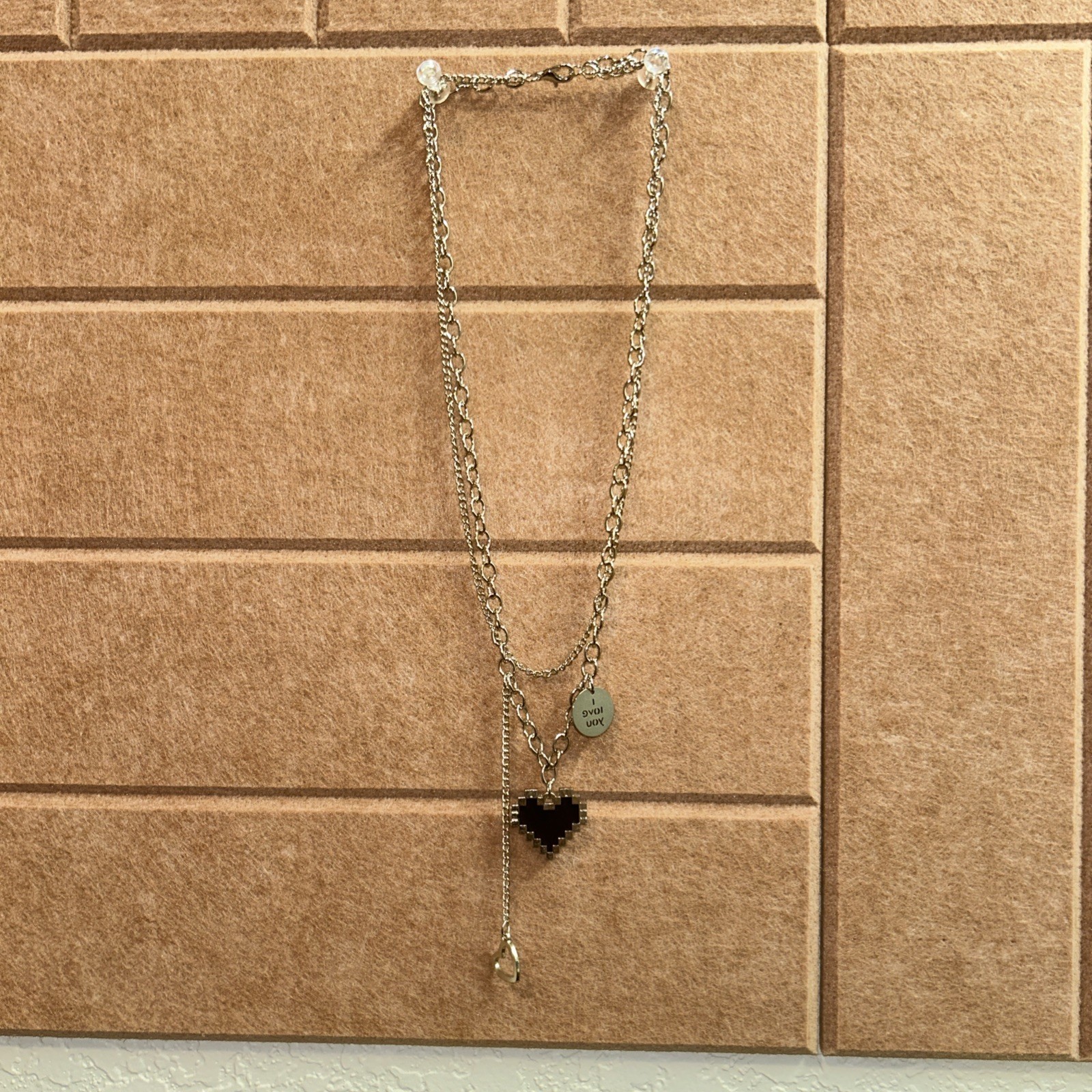 Heart “I Love You” Charm Pendant 2-Layer Chain Necklace Silver Womens Female