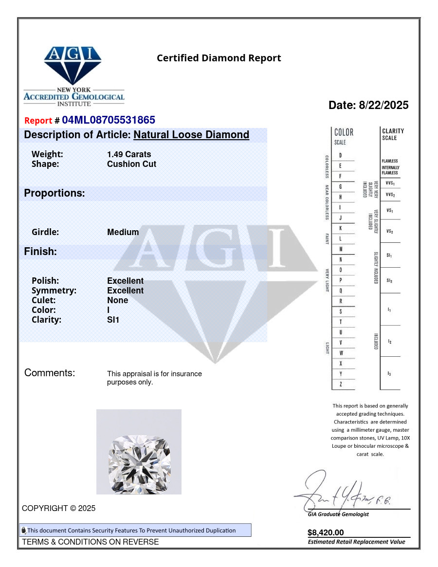 Cushion Cut 1.49 CT Cert. AGI Natural Mined Diamond Loose I color SI1 clarity