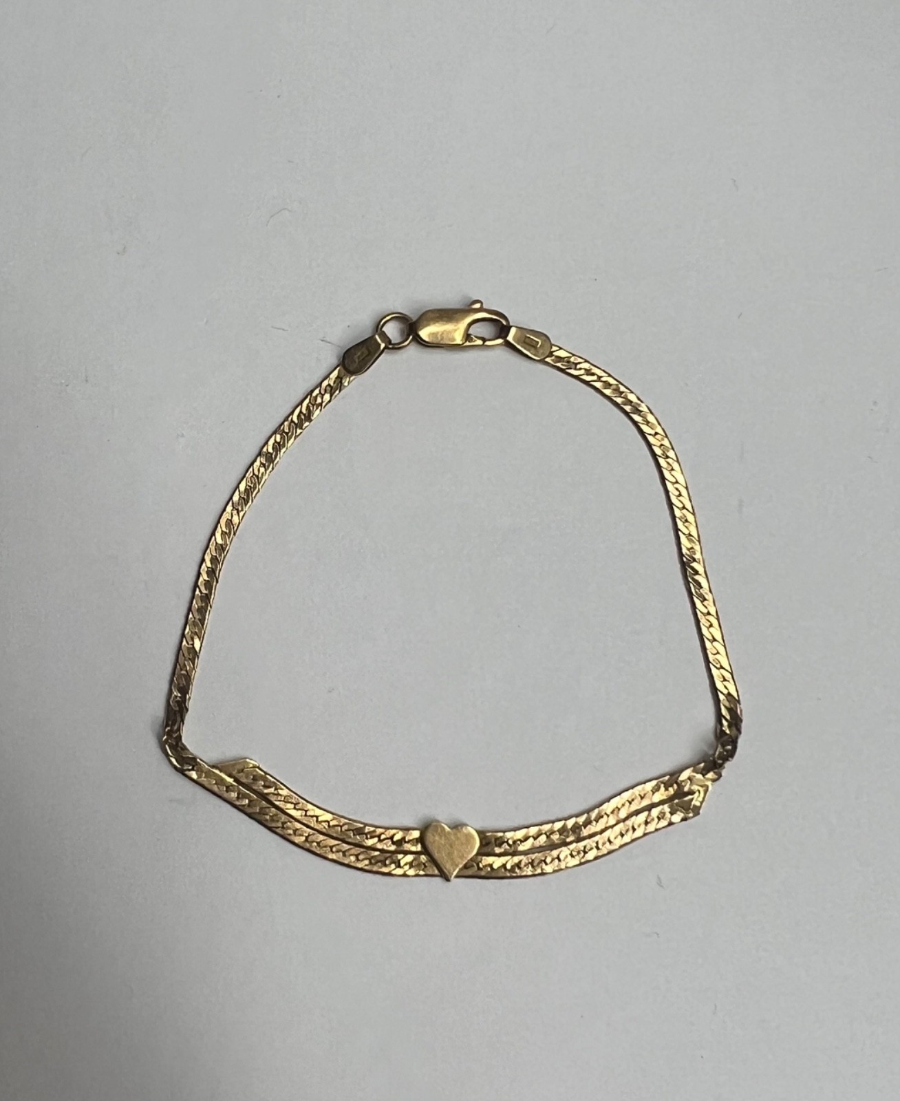 Vintage 14k Solid Yellow Gold Double Herringbone Heart Bracelet 7.5″ 3.88g