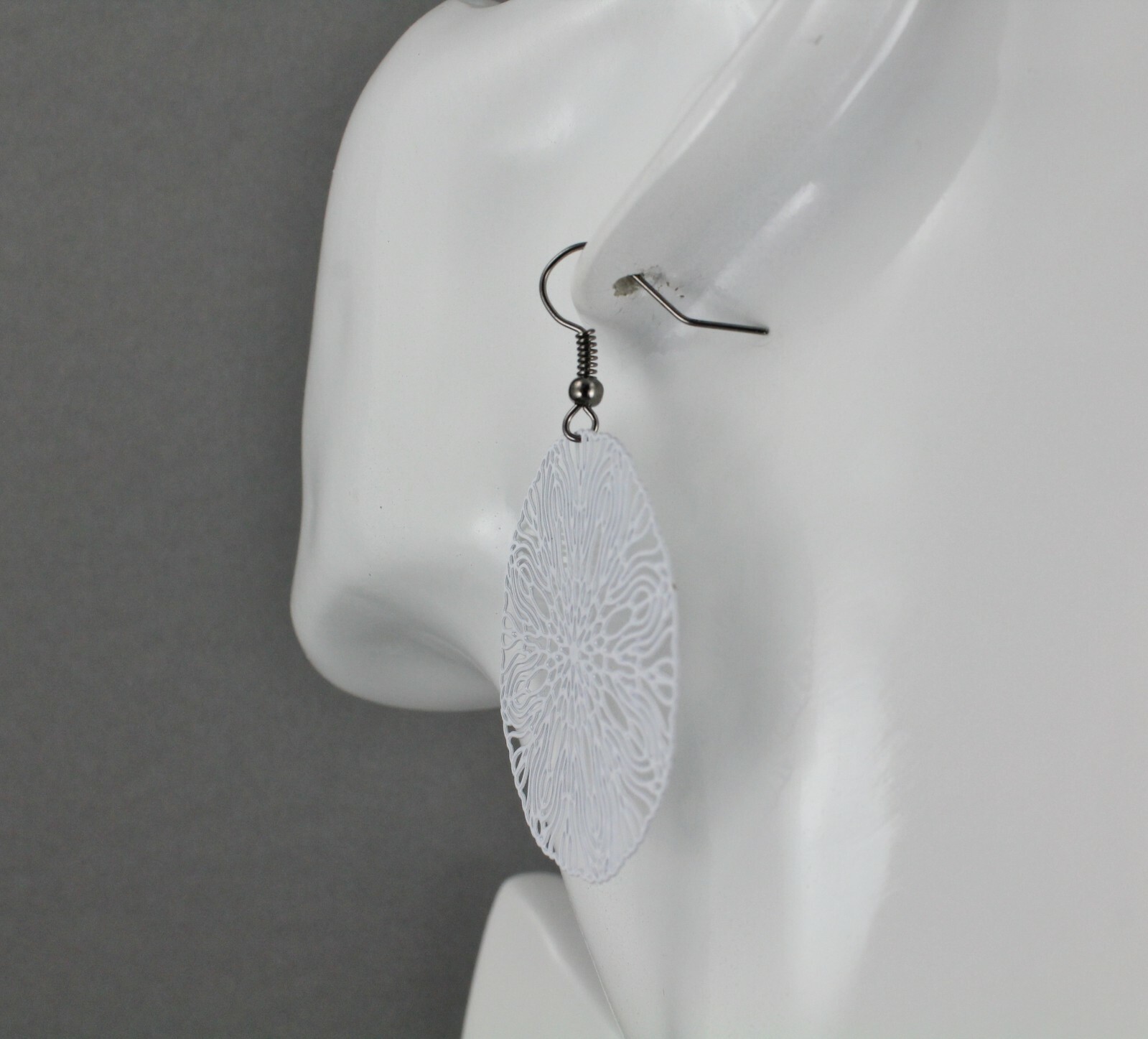White round earrings cut out flower filigree scroll circle 2 1/8 long very Light
