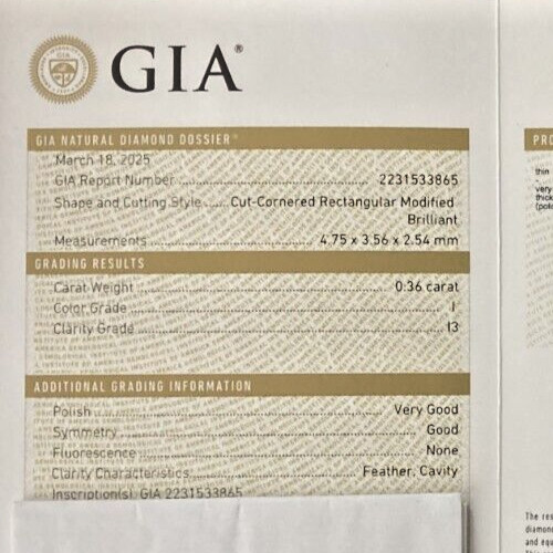GIA Certified .36ct. Natural Loose Diamond I I3 Rectangular Modified Brilliant