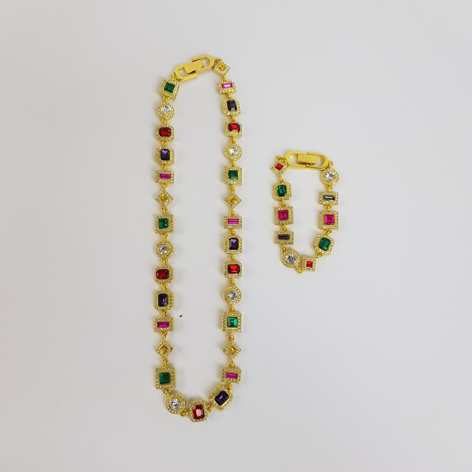 NEW Gold Toned Multi Coloured Gem Halo Set Necklace & Bracelet Set Unboxed