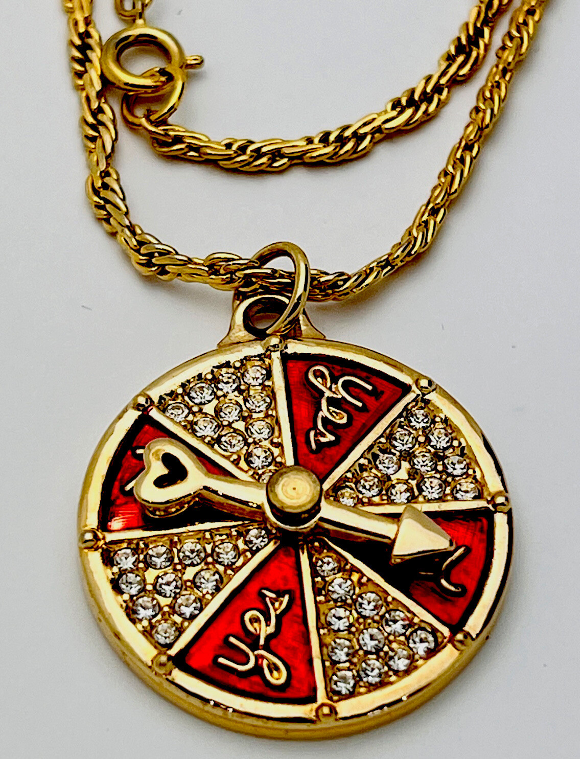 Swarovski Vintage New Gold Plated Enamel 44 Crystal Yes/No Wheel Necklace 30”