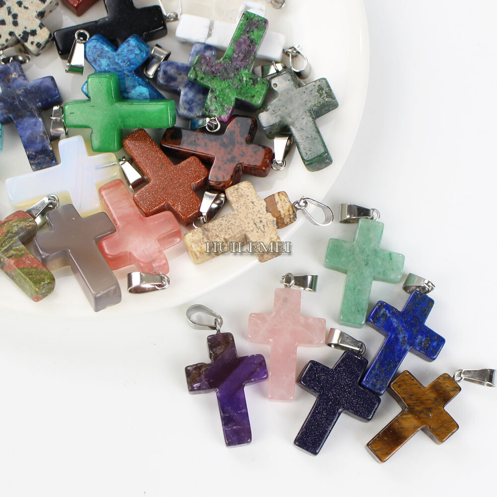 20pcs/lot Mixed Natural Gemstone Cross Pendant Beads Reiki Chakra Healing Stone