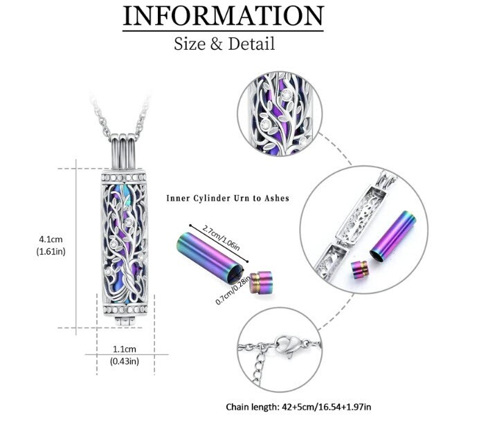 Cremation Jewelry Cylinder Urn Tree of Life Memorial Necklace Pendant for Ashes