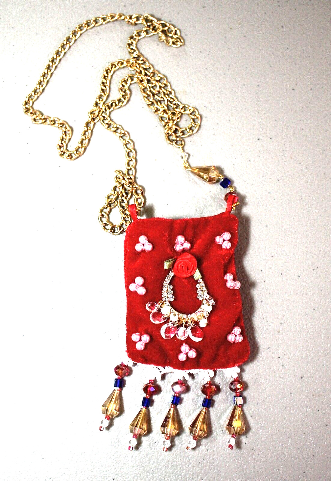 BOHO Handmade Amulet Healing Crystal Key Pouch Necklace Red Beaded Velvet OOAK