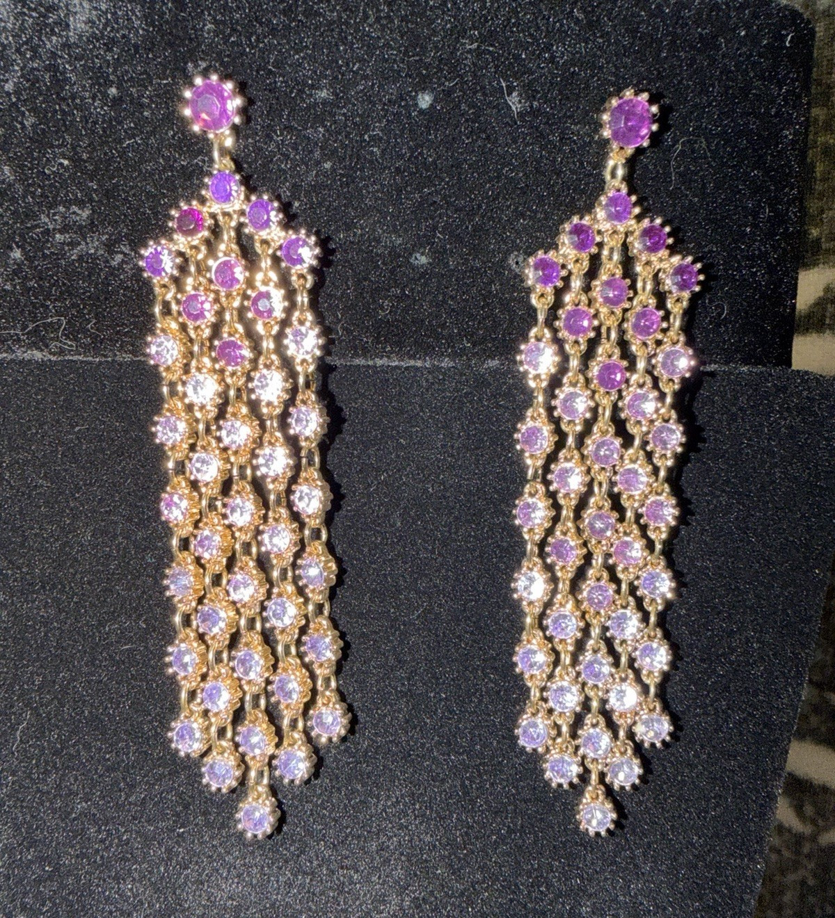 Gold Tone Purple & Clear Round Simulated Rhinestone Cluster Chandelier Earrings