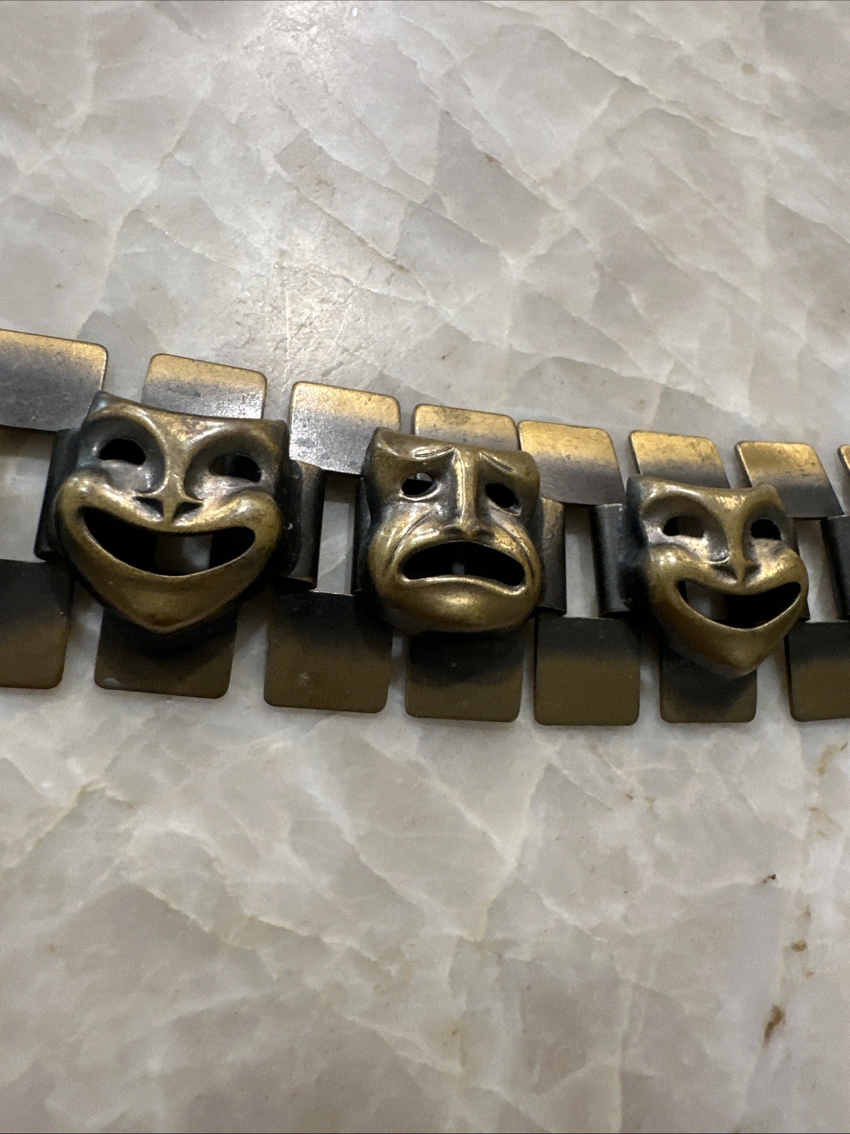 Vintage Brass Tone Comedy Tragedy Theater Mask Panel Bracelet MCM Unsigned