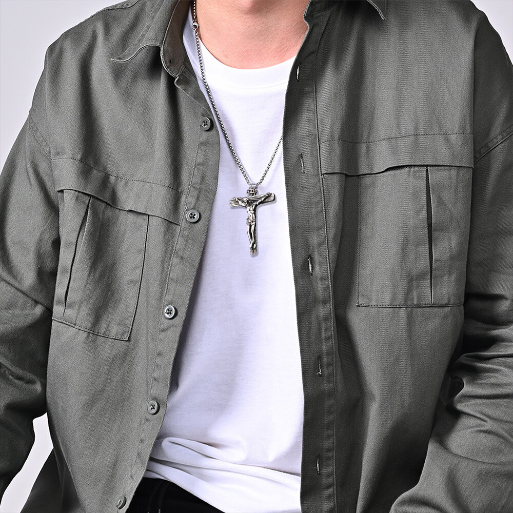 Men Stainless Steel Jesus Christ Crucifix Cross Pendant Chain Necklace
