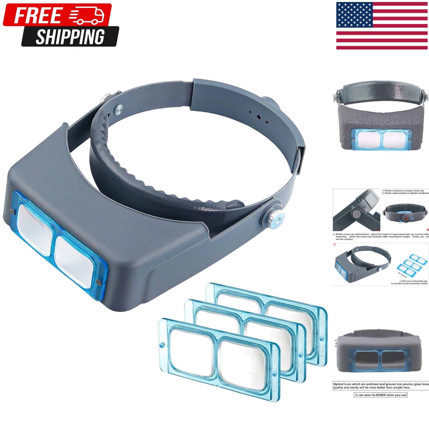 Headband Magnifier with Light Jeweler Magnifying Glass Loupe Visor Optivisor NEW