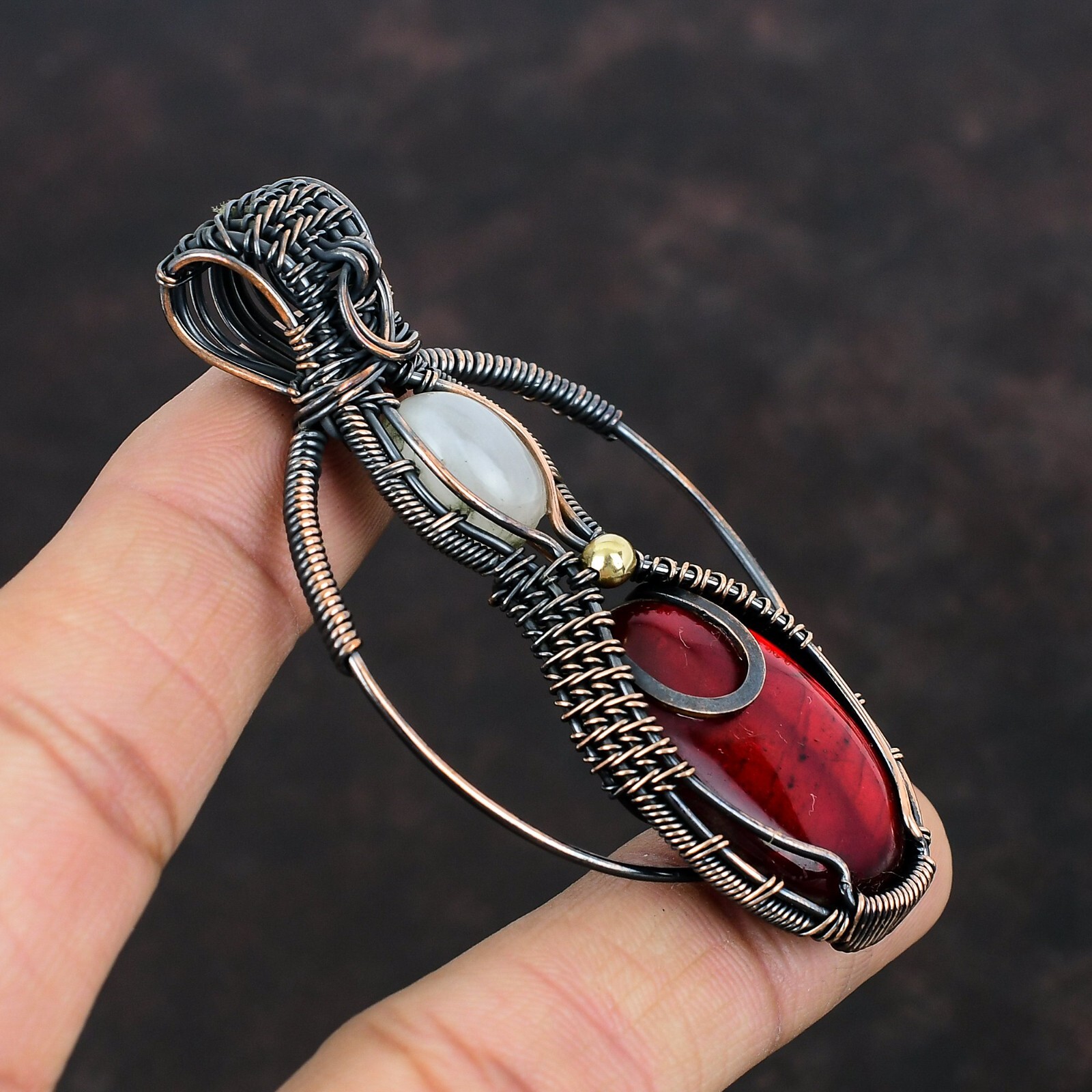 Gift For Her Red Fire Labradorite Wire Wrapped Pendant Copper Jewelry 2.95″