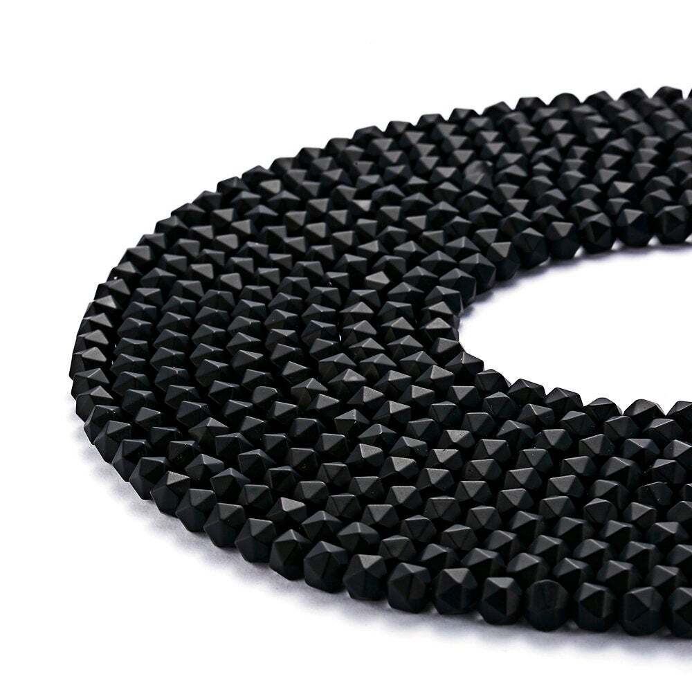 Black Onyx Matte Faceted Star Cut Beads 4mm 5mm 7mm 9mm 15.5″ Strand