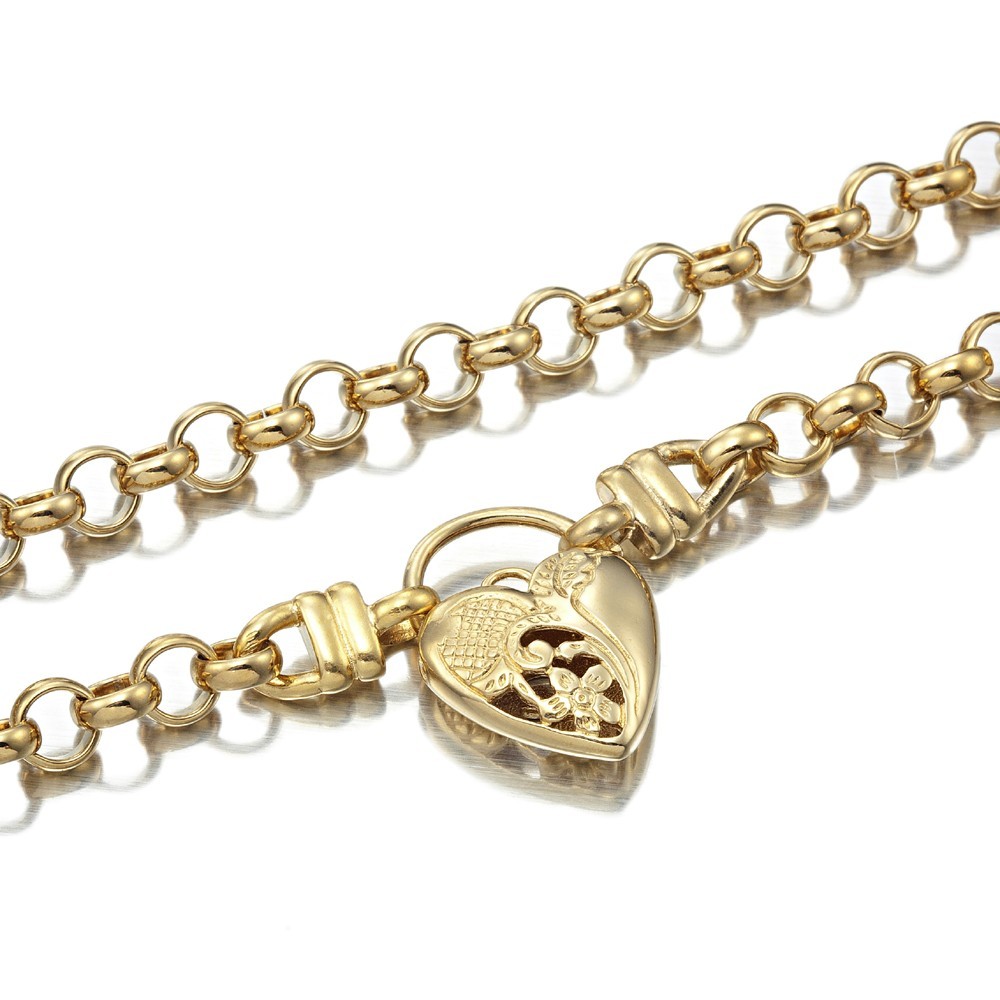18K GL Solid Belcher Yellow Gold Necklace with Half Filigree Heart Padlock