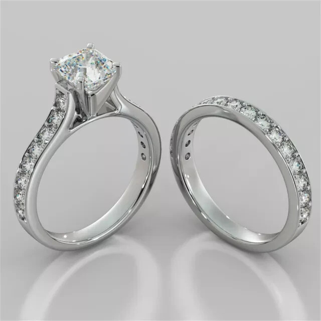 2.62 Ct Asscher Simulated Diamond Engagement Band Set 14K White Gold Plated
