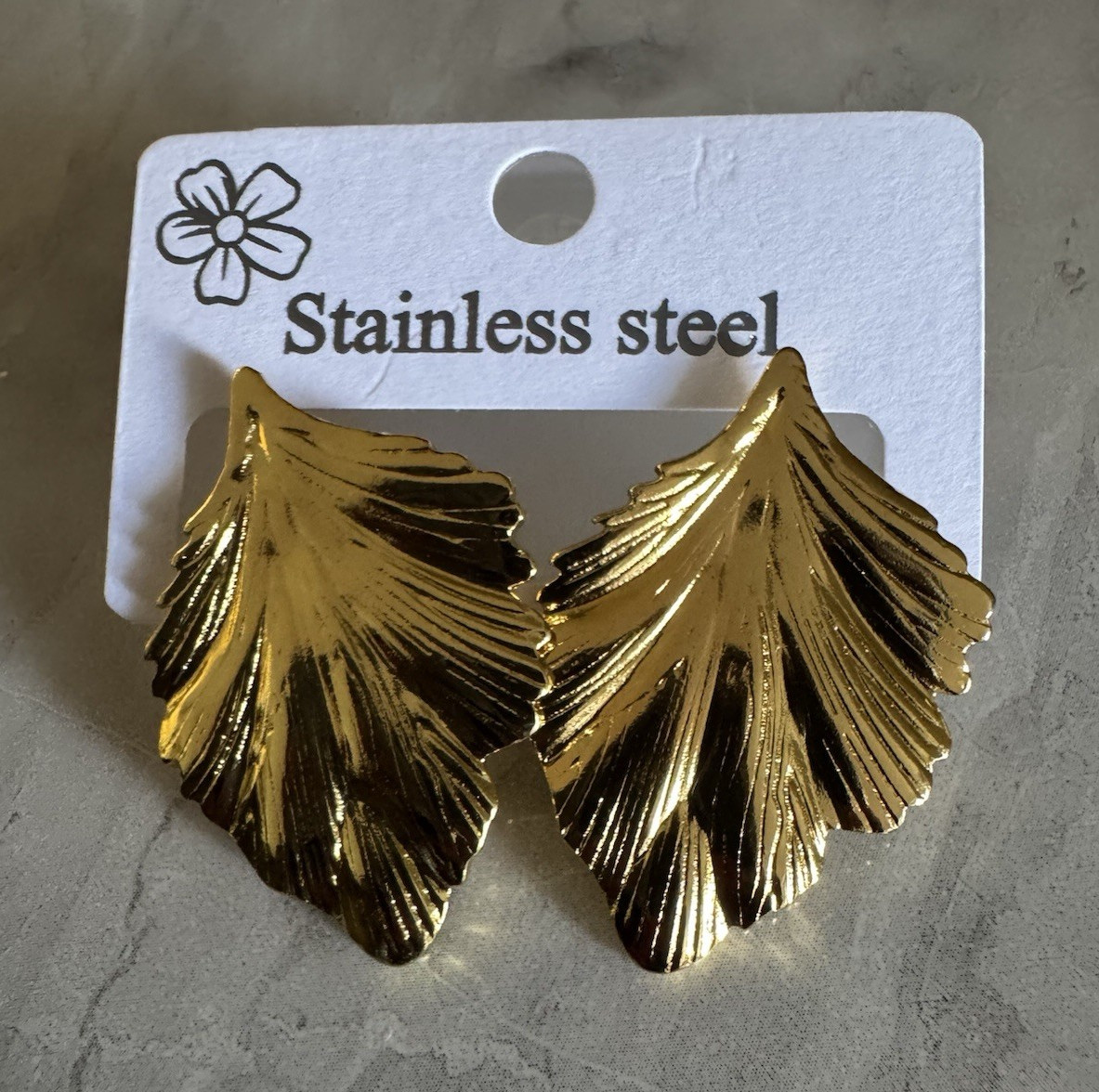 Stainless Steel Gold Tone Leaf Stud Earrings Butterfly Back No Stone Lobe