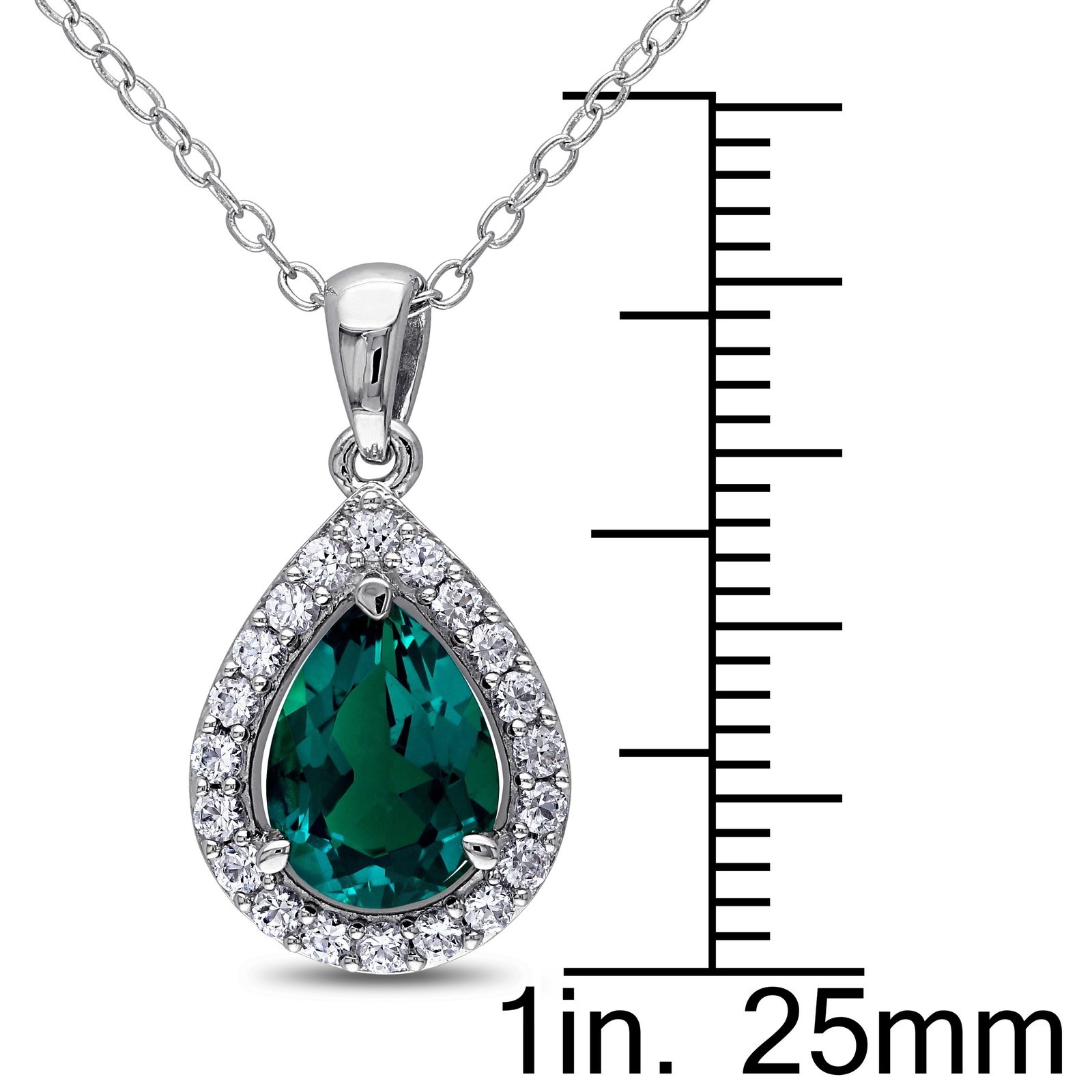 Amour Silver Created Emerald & Created White Sapphire Teardrop Halo Pendant