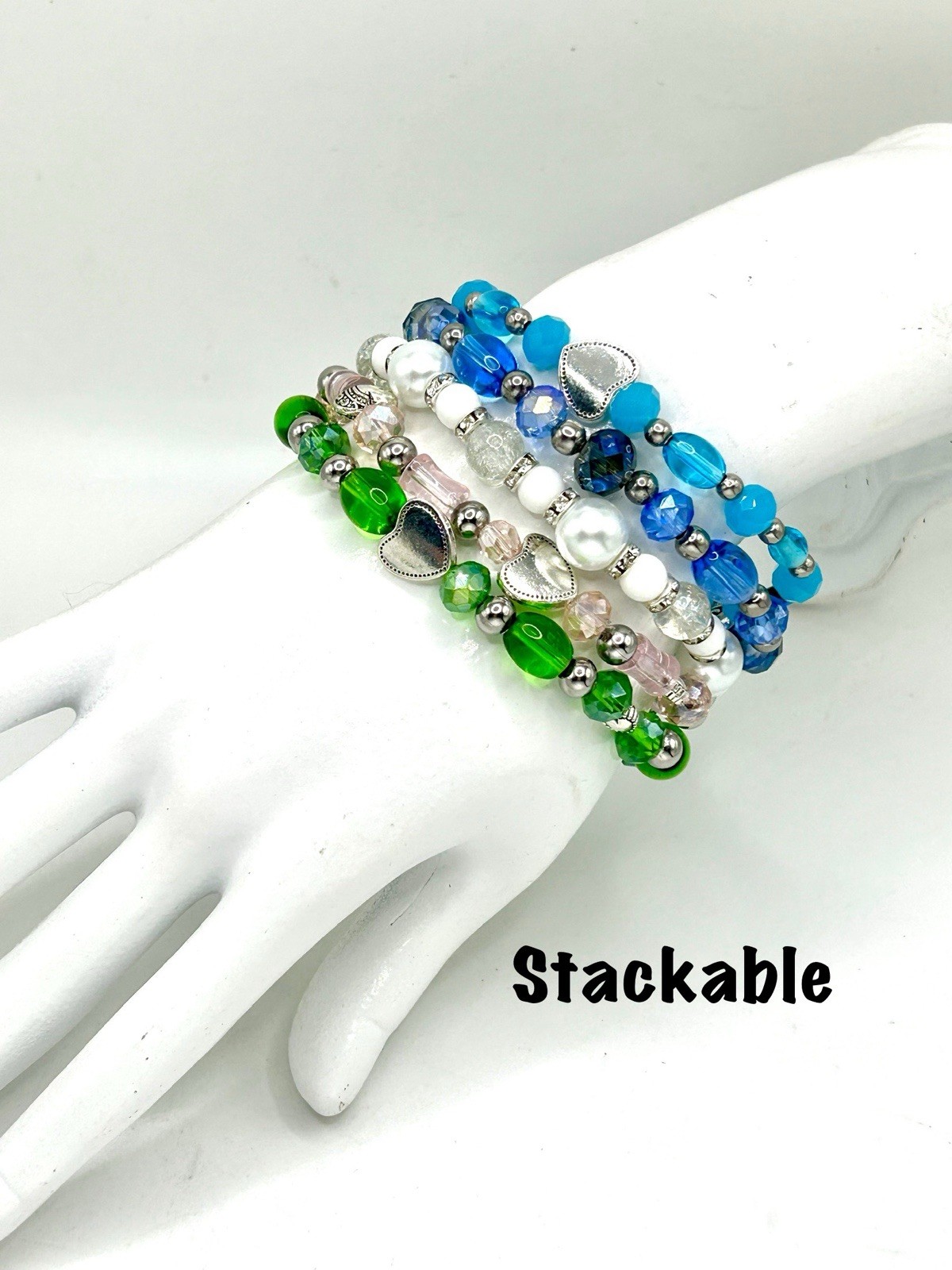 7.5″ Blue Glass & Stainless Steel Beaded Stretch Bracelet- Trendy & Stackable