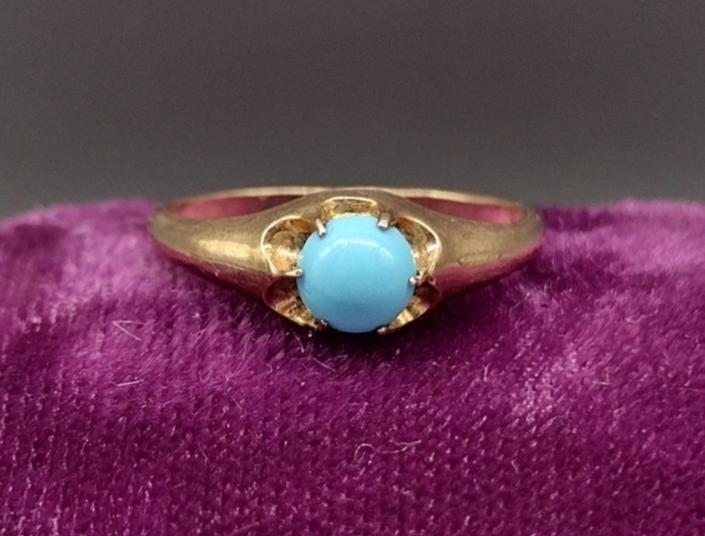 1890’s Victorian 14k Persian Robin’s Egg Turquoise Antique Belcher Ring Sz 5.75