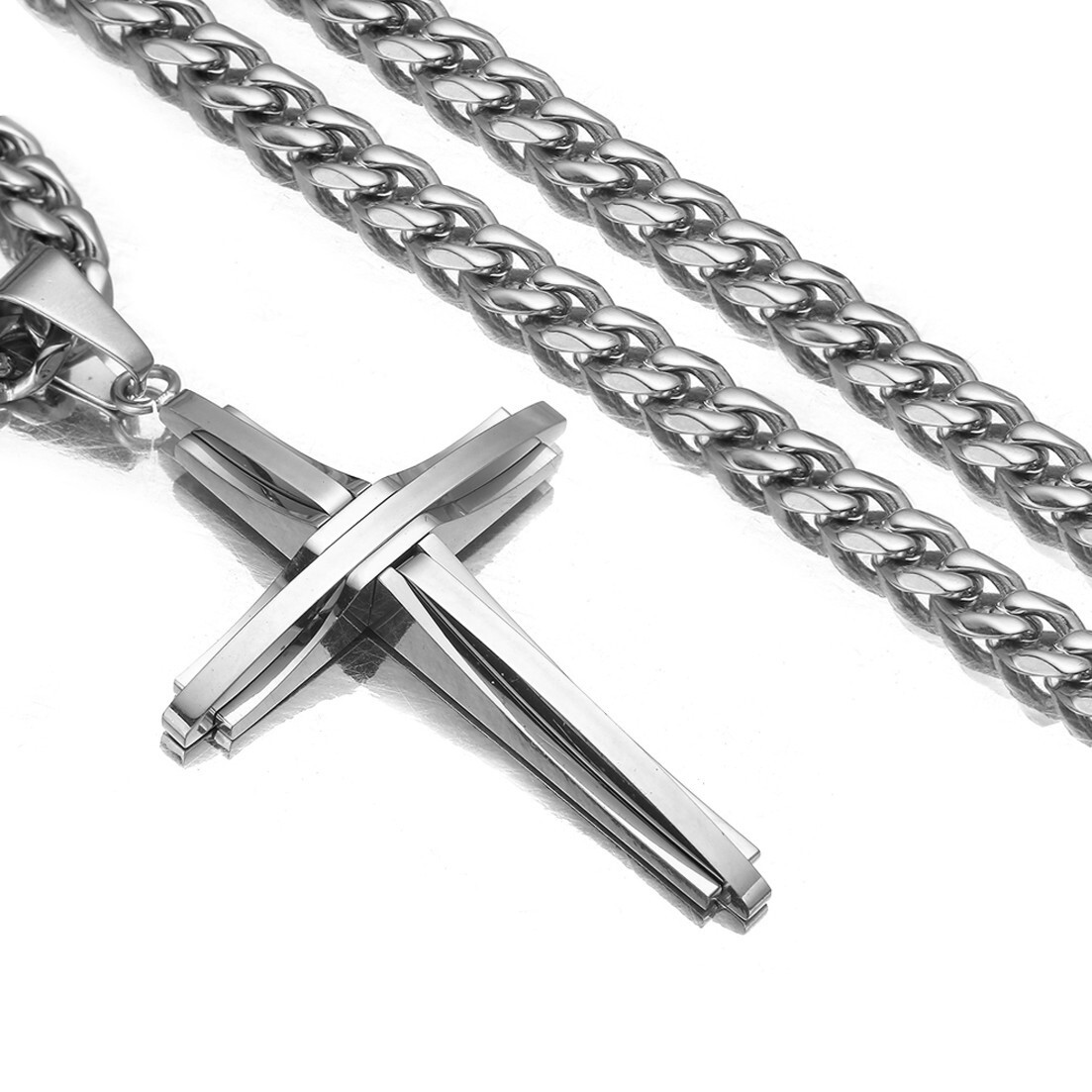 High Polished Stainless Steel Cross Pendant Necklace Cuban Link Chain 4Colors