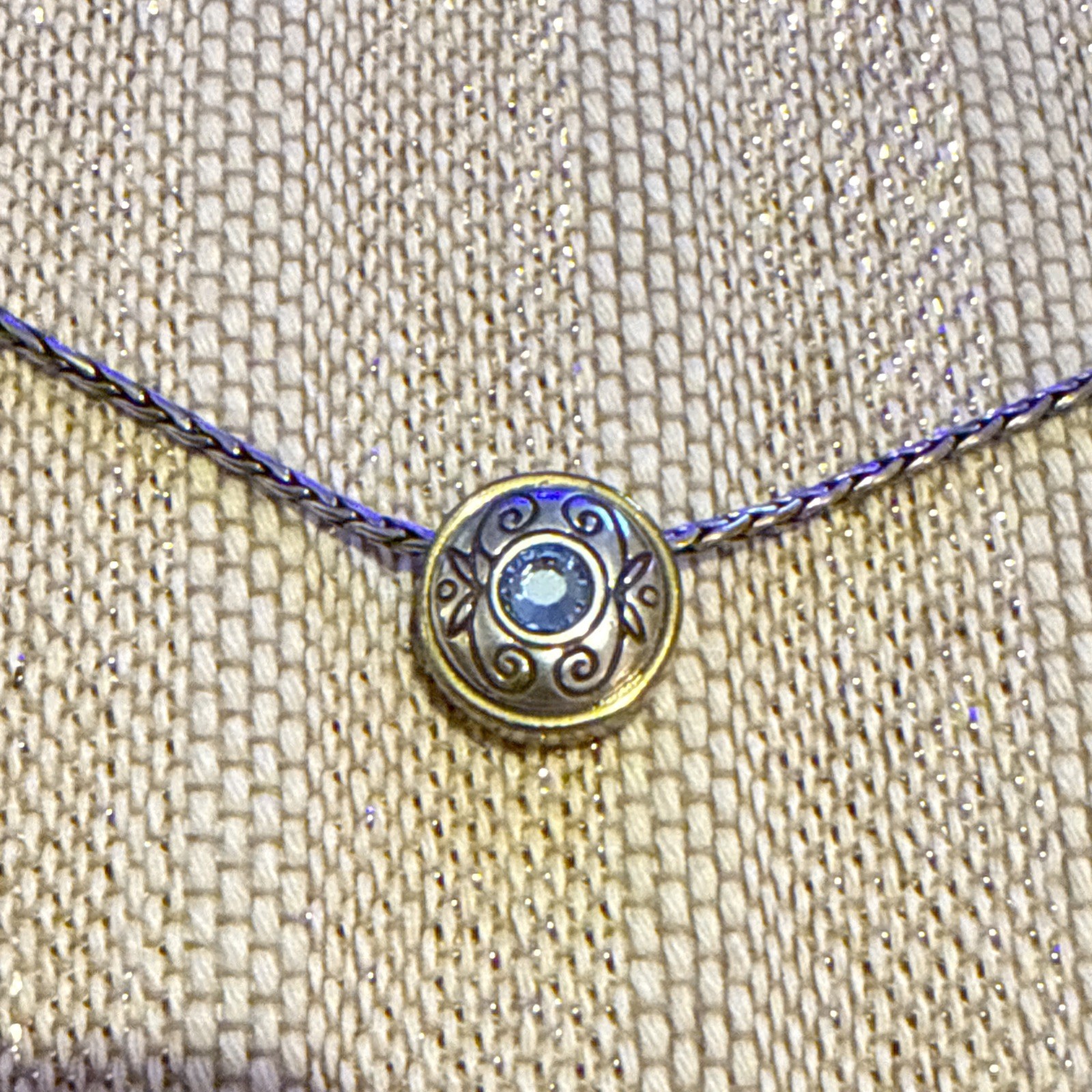 Brighton Silver Tone Chain Necklace Blue Swarovski Crystal Charm Gold Accents