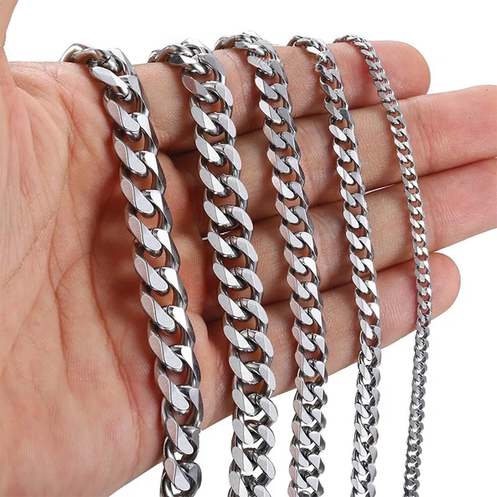 16-30″ Stainless Steel Silver Chain Cuban Curb Necklace 3/5/7/9/11mm Womens Mens