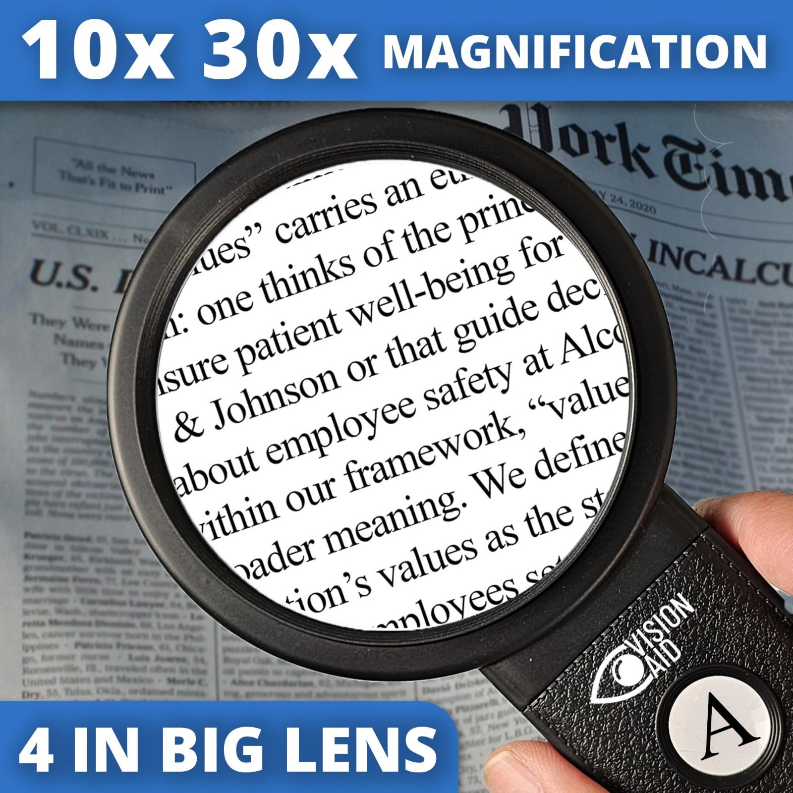 30X 10X Hands-Free Magnifying Glass with Stand & LED Light, USB Rechargeable, St