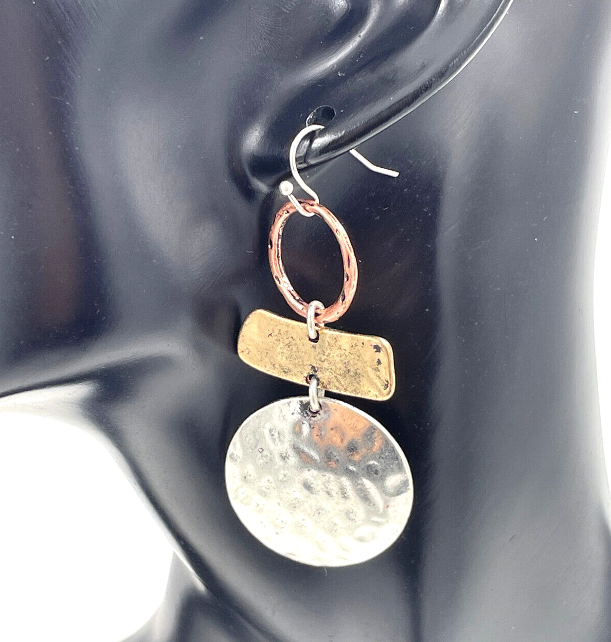 Hammered Round Disc and Bar Dangle Earrings Silver Gold Copper