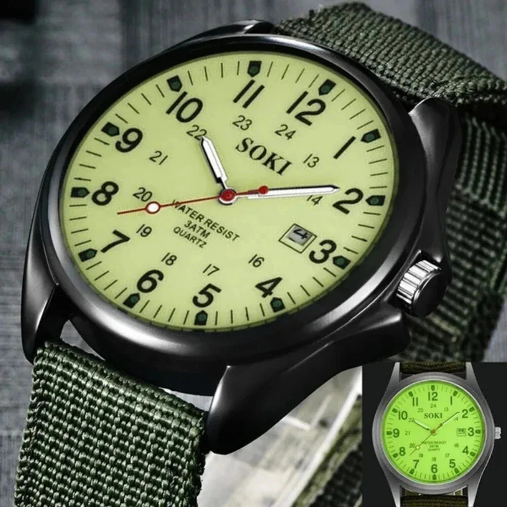 Men Army Luminous Quartz Watch Nylon Strap Date 24H Wrist Watch