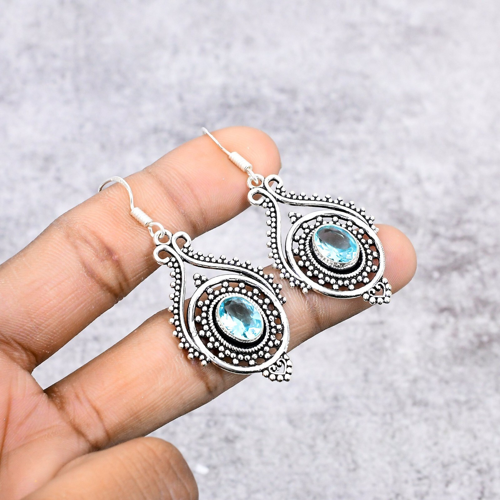 Aquamarine Gemstone Handmade 925 Sterling Silver Jewelry Earring Gift For Her