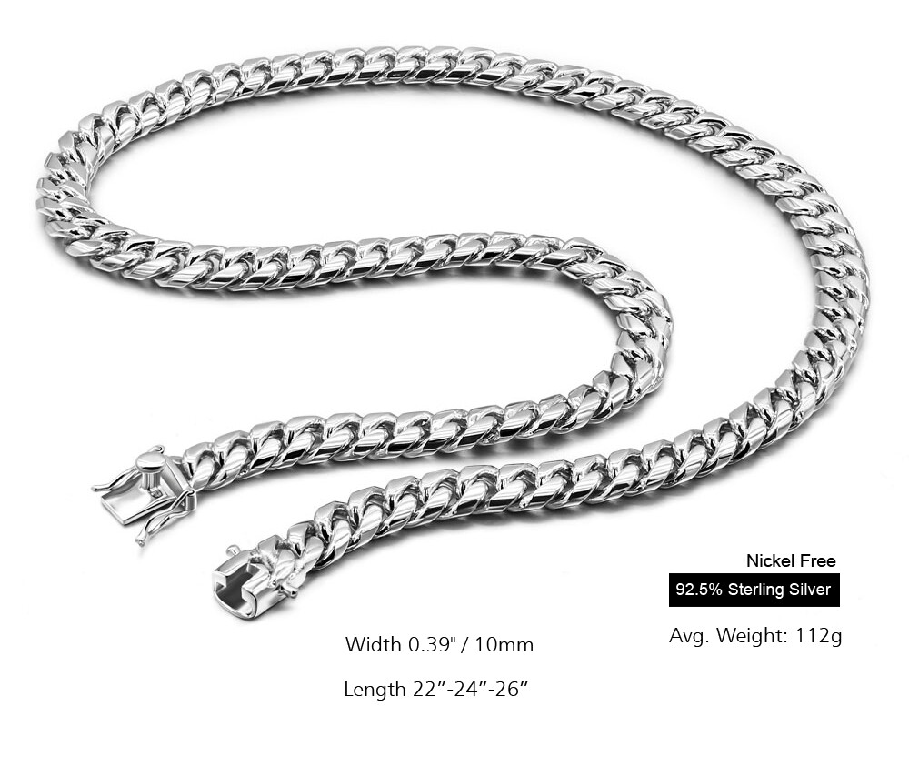 Solid 925 Sterling Silver Miami Cuban Link Chain Men’s Necklace 10mm 22″ 24″ 26″