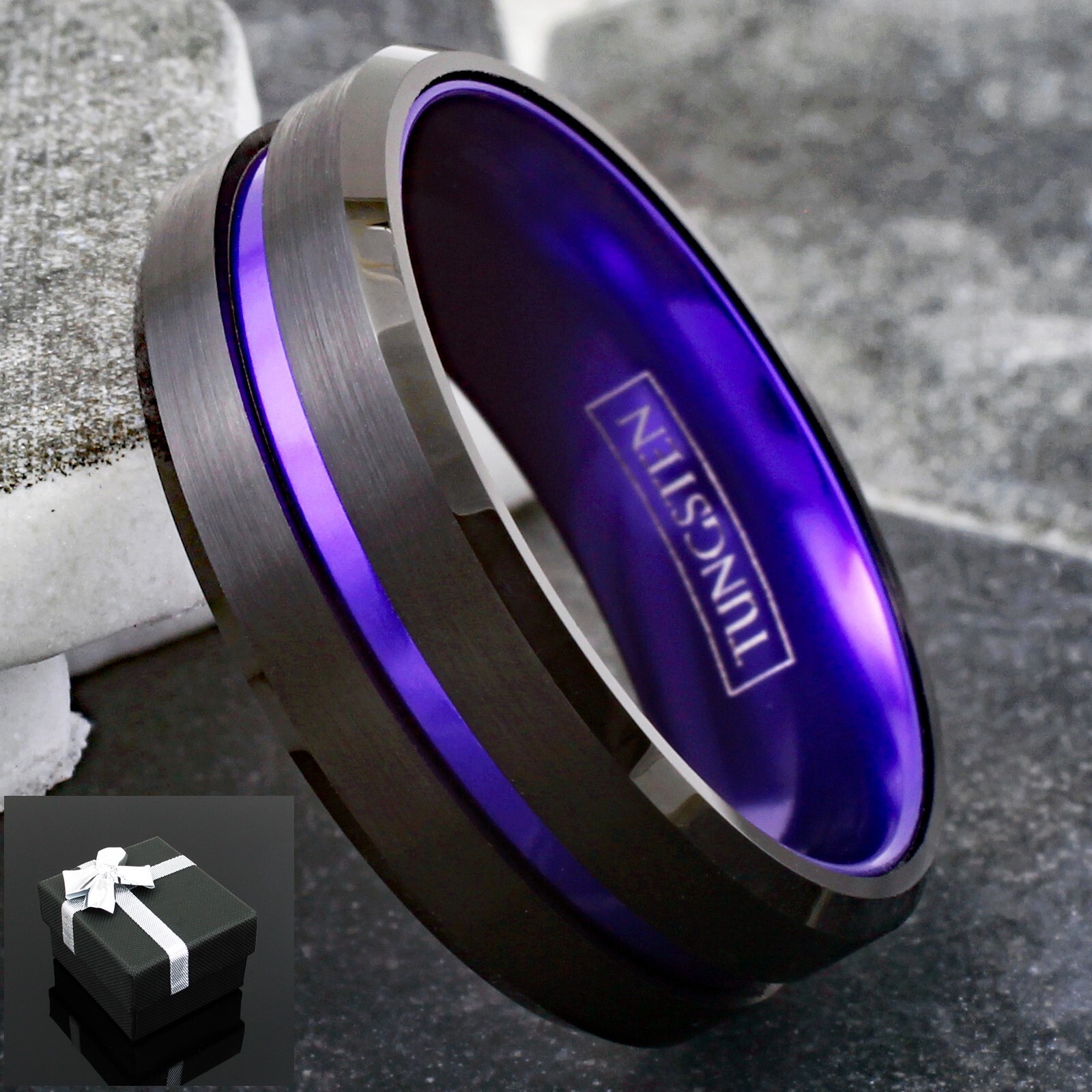 6/8mm Black Tungsten Carbide Ring Purple Stripe Wedding Band -Engraving Avail.