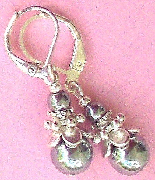 double HEMATITE Silver color drops LEVERBACK handcrafted Silver Pl