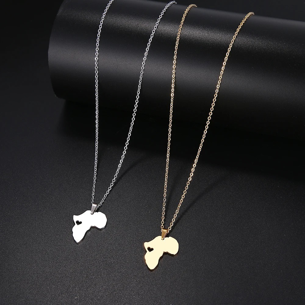 Africa Map Necklace Heart Pendant Jewelry for Women Men Gift, Stainless Steel