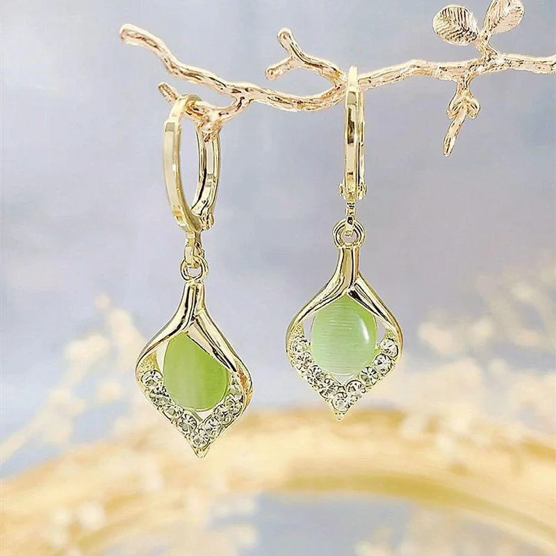 Women’s Gold Hoop Earrings Green Crystal Drop Dangle Elegant Fashion Jewelry New