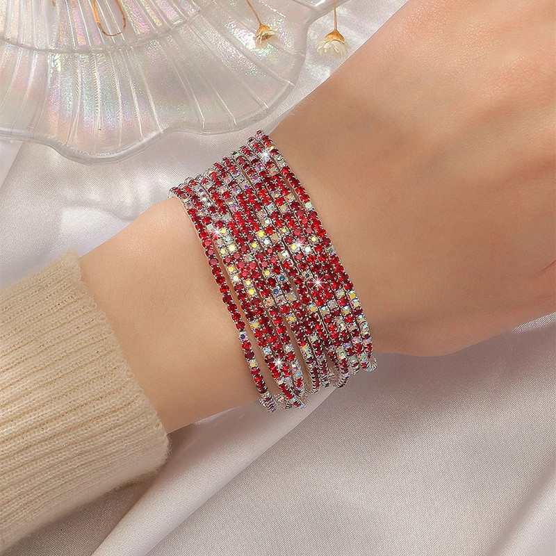 5 Pc Elastic Crystal Rhinestone Bracelet Women Gold Tone Round Chain Jewelry