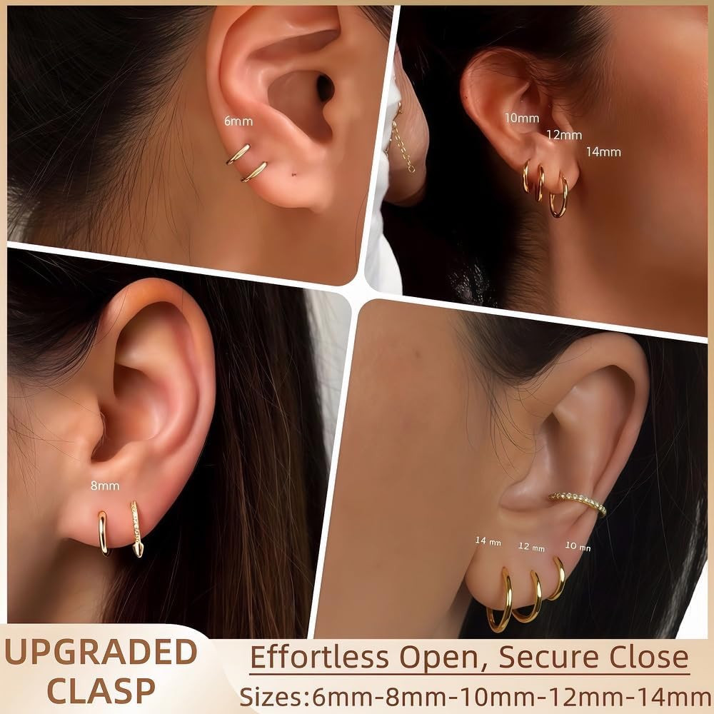 5 Pairs 14K Gold Plated Huggie Hoop Earrings for Women – Lightweight Minimalist