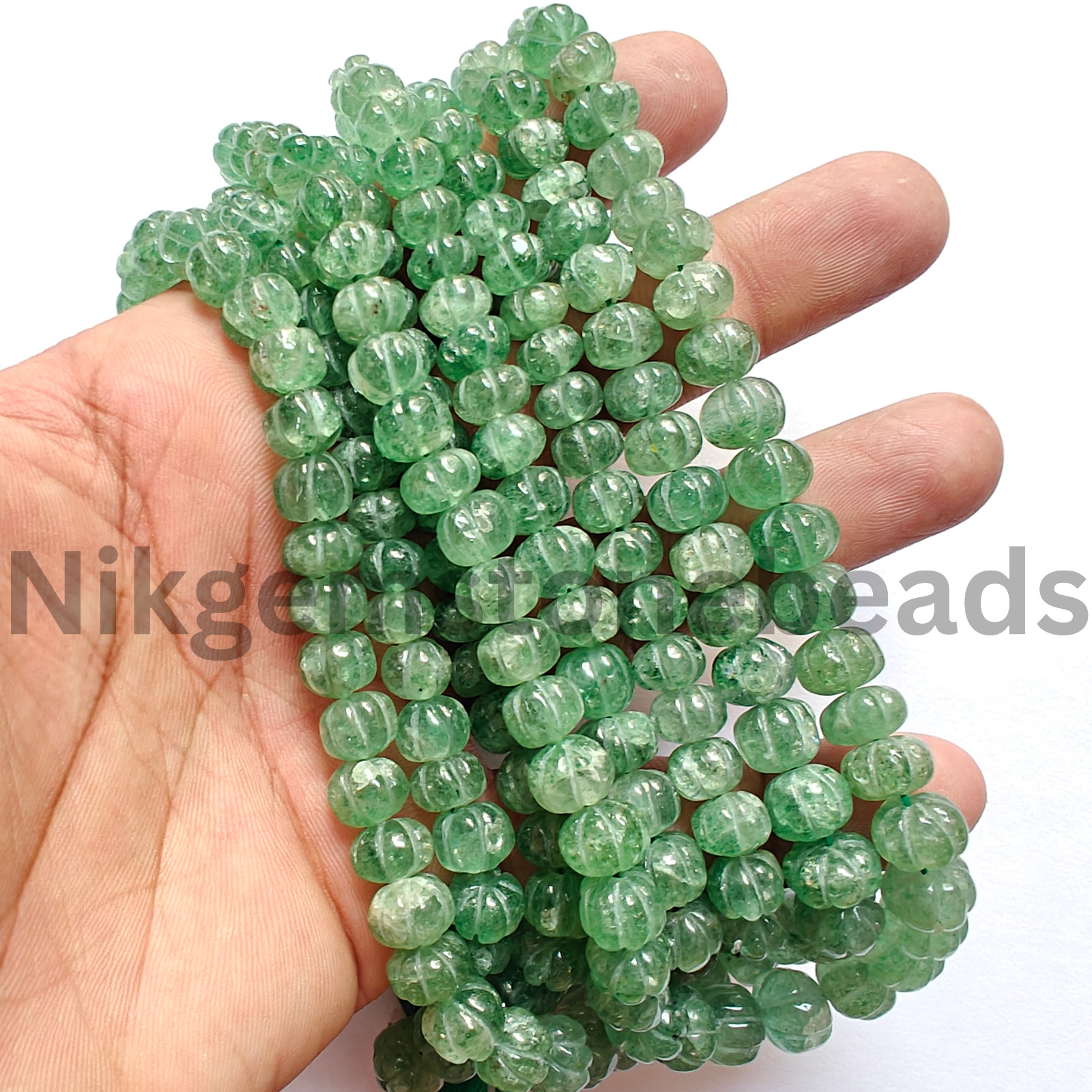 Natural Green Strawberry Beads, Smooth Carving Pumpkin Cut Stone, 7.00-10.00 MM.